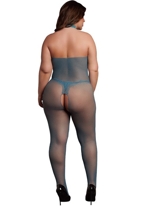 High neck fishnet and lace bodystocking, blue - Queen Size