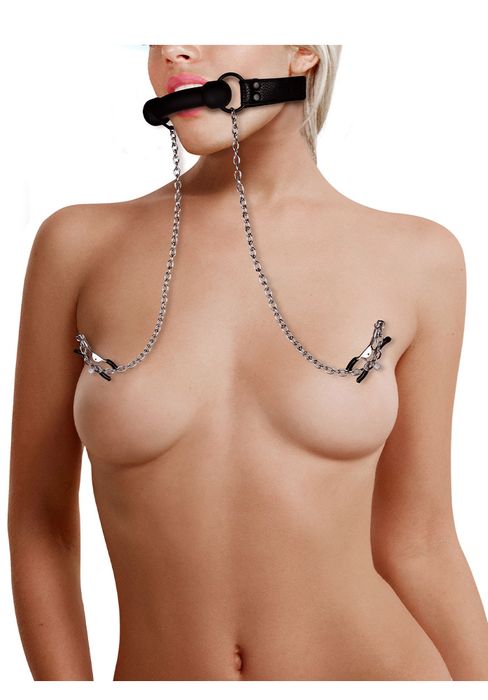 Silicone Big Gag with Nipple Clamps